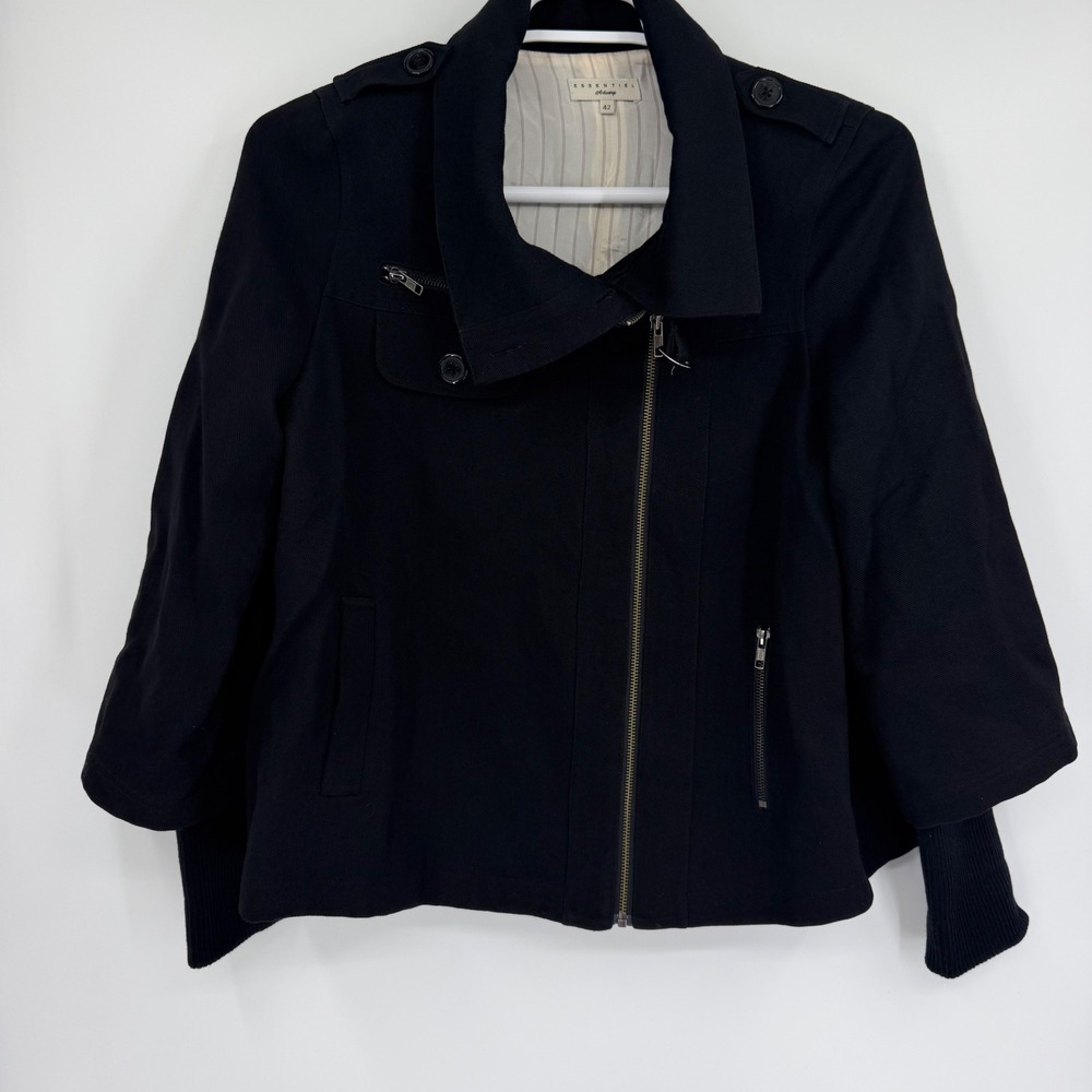 Essentiel Antwerp Black Wool Linen Asymmetrical Zip Jacket Military Style 42
